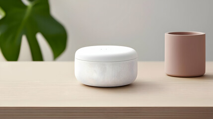 White Round Device On Wooden Table With Plant