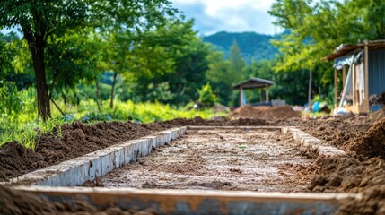 A compacted clay base with drainage grooves ready for a wide modular foundation