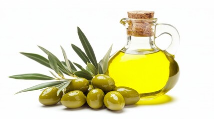Glass bottle filled with delicious olive oil next to fresh green olives and olive leaves, isolated on a clean white background. Healthy organic food and Mediterranean cooking ingredient concept.