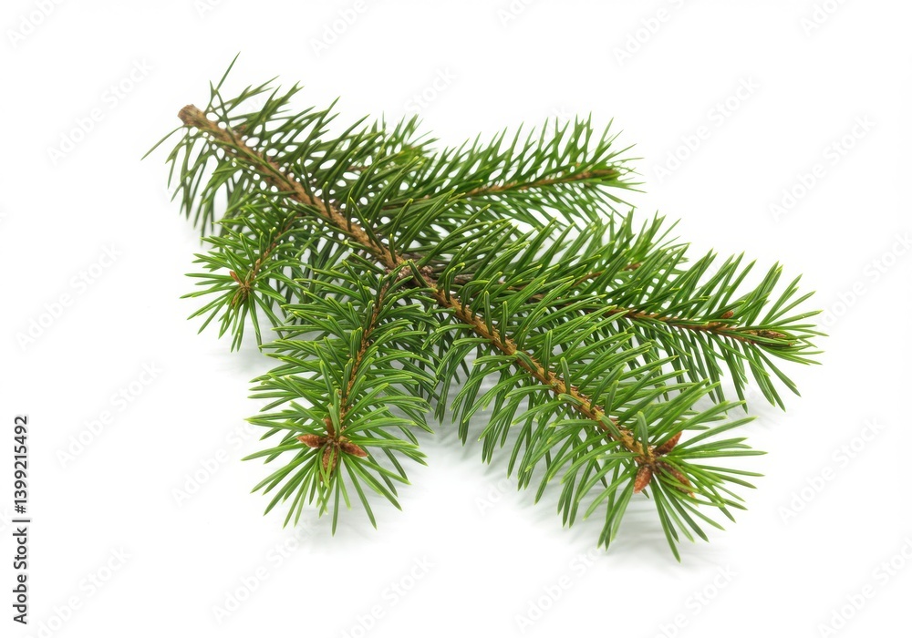 Poster a single sprig of a green coniferous tree branch laying on a plain white background surface close up