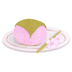 桜の花と菓子切りが添えられた、丸い皿に乗った関西風の桜餅（道明寺）のイラスト