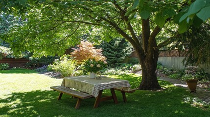 Fototapeta premium Cozy garden corner with a table nestled under a large tree, styled for outdoor dining