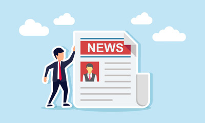Businessman standing next to a newspaper, illustration of business in the news sector