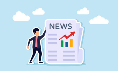 Businessman standing next to a newspaper displaying a rising chart, illustration of monitoring macro factors such as global economic performance