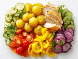 Colorful Salad Plate with Sliced Chicken, Potatoes, and Vegetables
