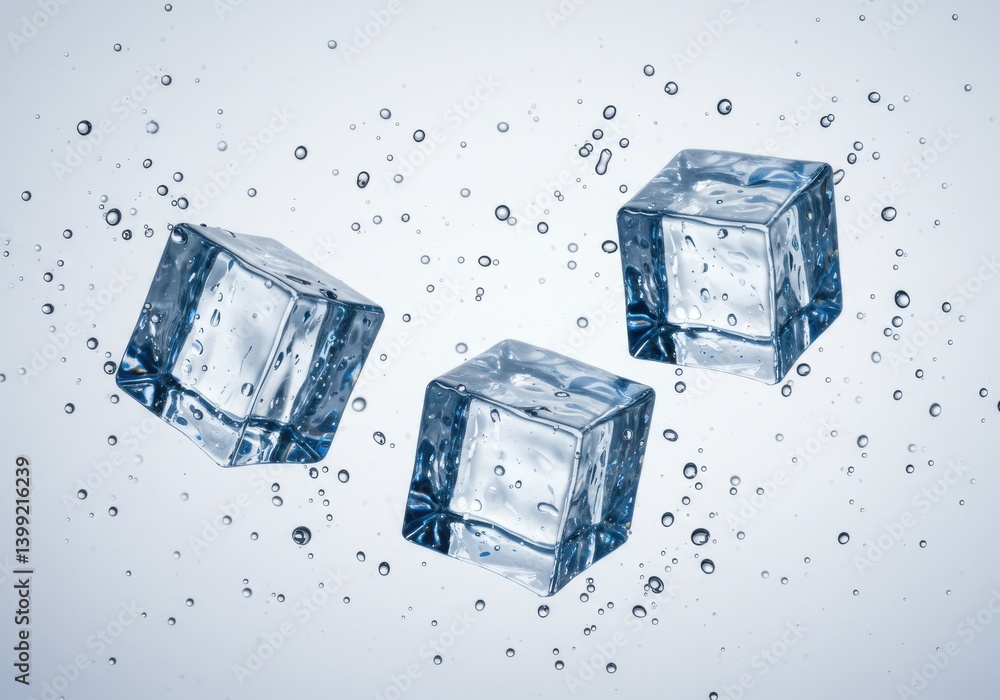 Poster three ice cubes floating with water droplets around them on a light blue background in a studio shot