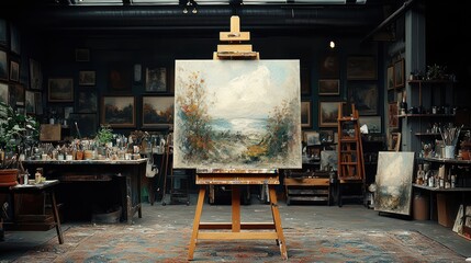 A Painter's Studio: Landscape Masterpiece on Easel