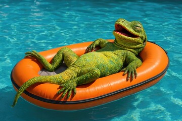 Relaxed lizard basking in a pool on an orange float  
