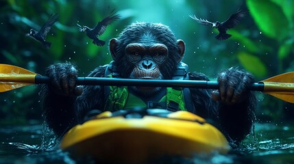 A playful monkey engaging in an adventurous kayaking experience amidst a lush jungle environment surrounded by wildlife