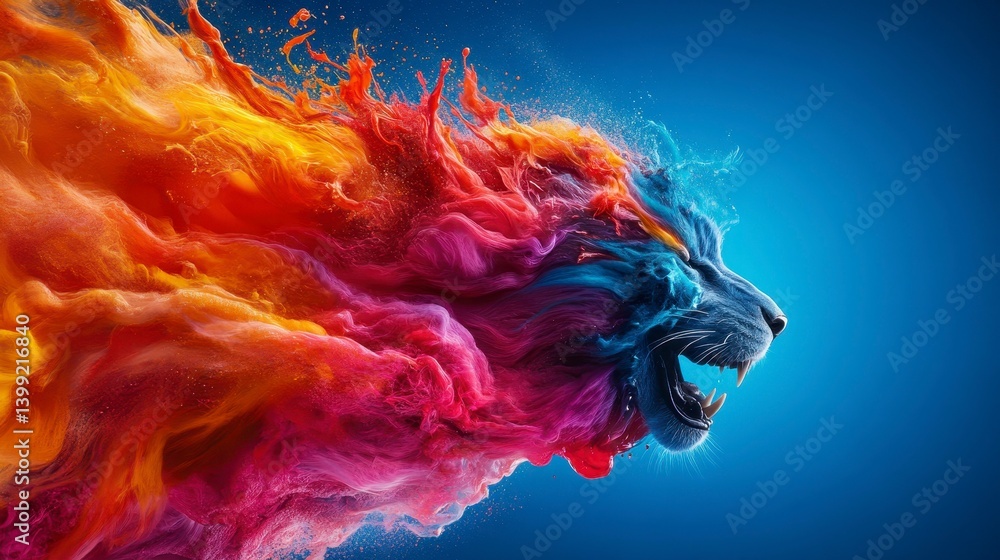 Poster A vibrant lion's head bursting with colorful splashes of paint creating a surreal and dynamic visual experience