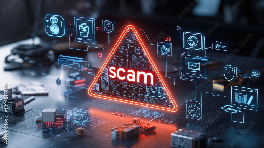 Poster cybersecurity warning an image depicting a prominent red scam warning sign on a dark background surr