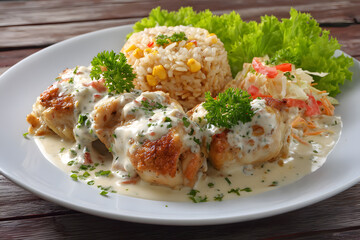 Creamy Chicken with Rice and Salad on a White Plate