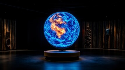 A captivating digital globe in an immersive museum exhibition showcasing Earth's natural wonders and climate patterns