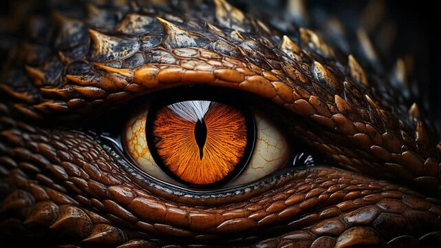 A close-up view of the reptilian eye, with its captivating orange iris, draws the viewer in, revealing intricate scales and a sense of ancient wisdom.