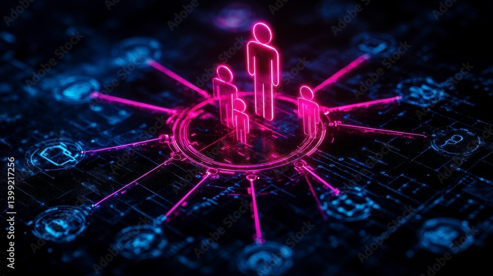 Poster illustration of digital human connections represented by glowing figures and network nodes in a futu