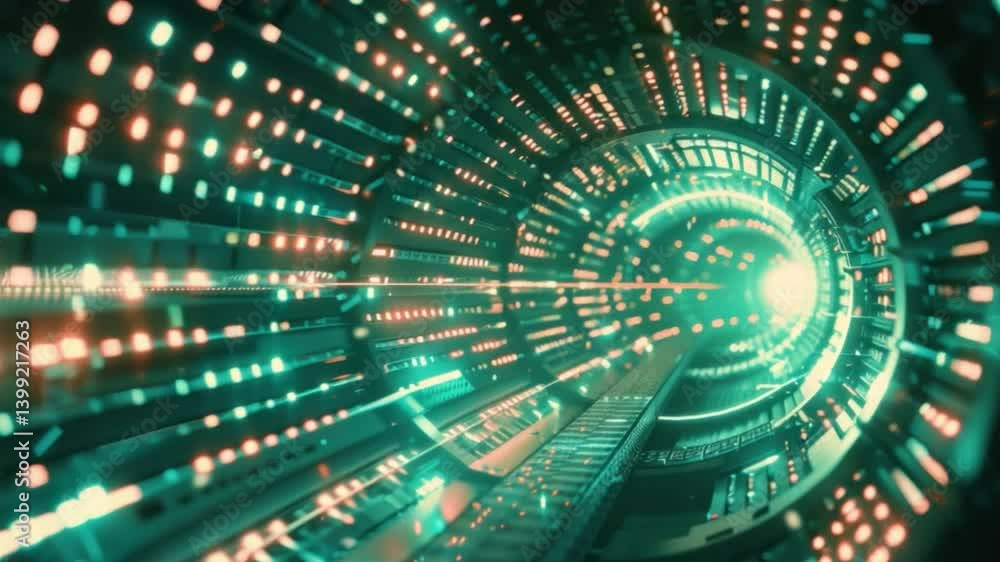 Poster futuristic digital tunnel glowing lights and vibrant patterns create depth and motion in mesmerizing