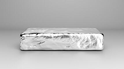 Shiny silver ingot on gray background for industrial and mining themes. Precious, non-ferrous and rare-earth metals