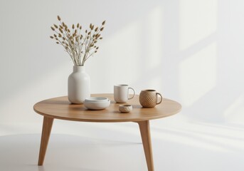 Still life of vase with dried plants and mugs on a round wooden table in a minimalist setting