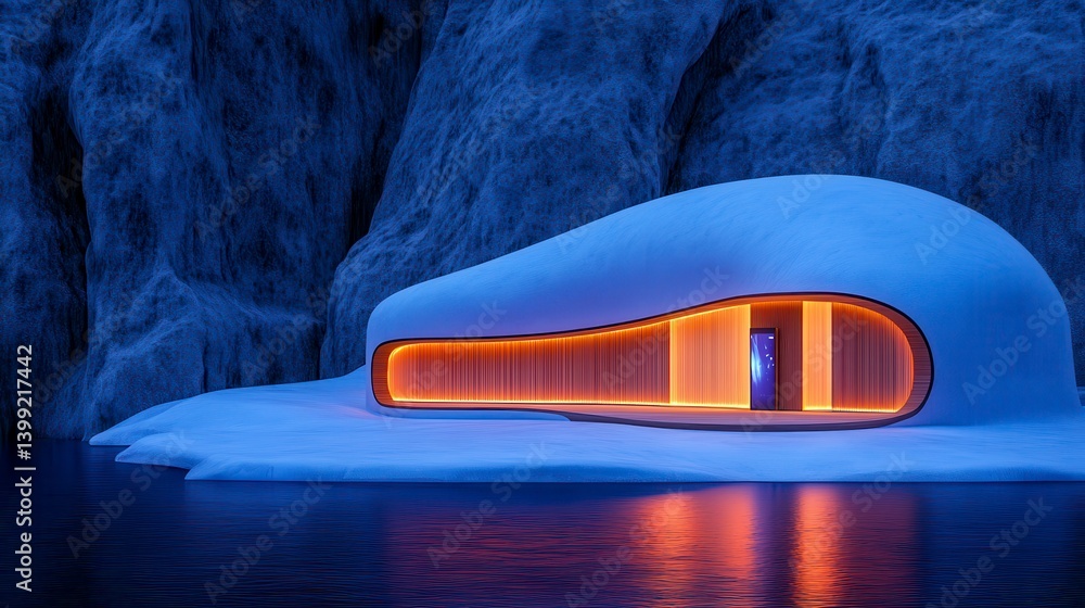 Poster a serene modern architecture in a snowy landscape at twilight, showcasing a unique design with glowi