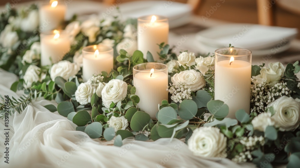 Poster elegant table display featuring white candles interspersed with roses and greenery, creating a roman