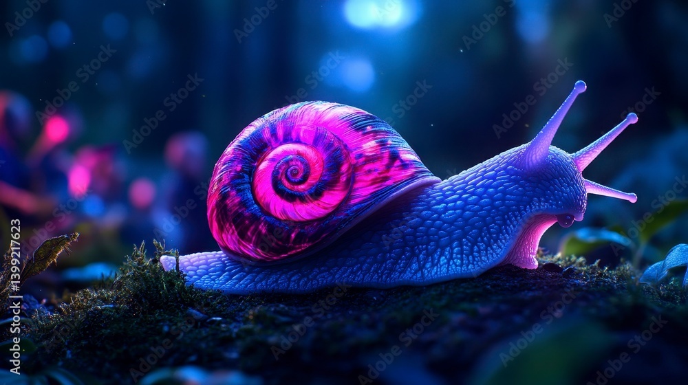 Poster a vibrant and luminous snail resting on lush moss in a mystical forest setting illuminated by soft m