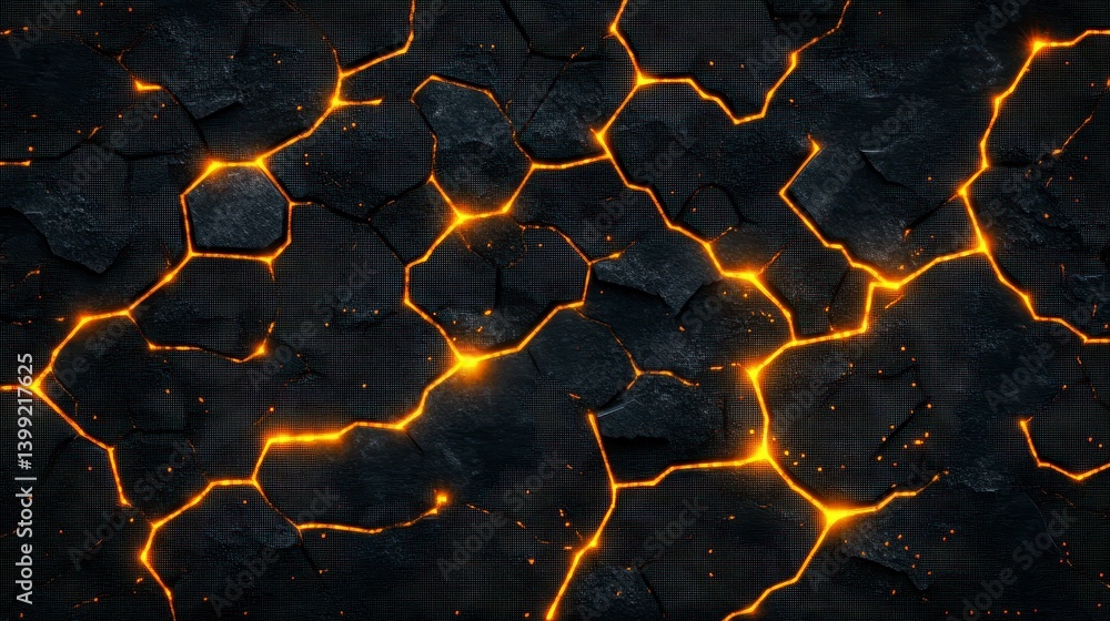 Poster cracked stone surface illuminated by glowing orange lines creating a vibrant and dynamic texture.