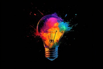 A vibrant lightbulb explodes with color against a black background, symbolizing creativity and innovation.