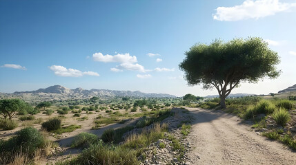 Fototapeta premium Desert Landscape With Isolated Tree Under Sunny Sky