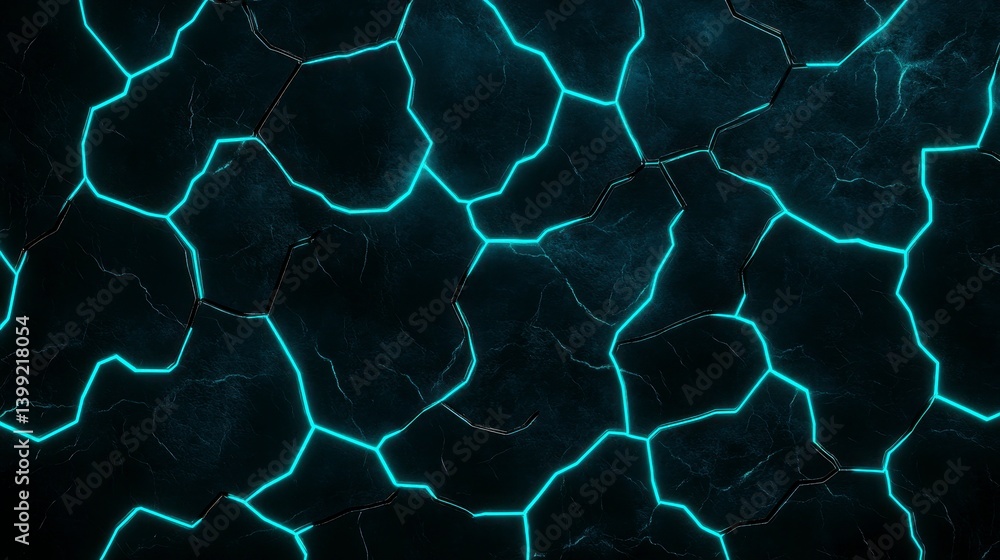 Poster abstract close-up of cracked stone surface illuminated by glowing blue lines creating a striking vis
