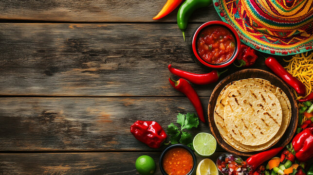 Traditional Mexican Food Ingredients with Tacos and Colorful Vegetables on Rustic Wooden Table for Fiesta or Cinco de Mayo

