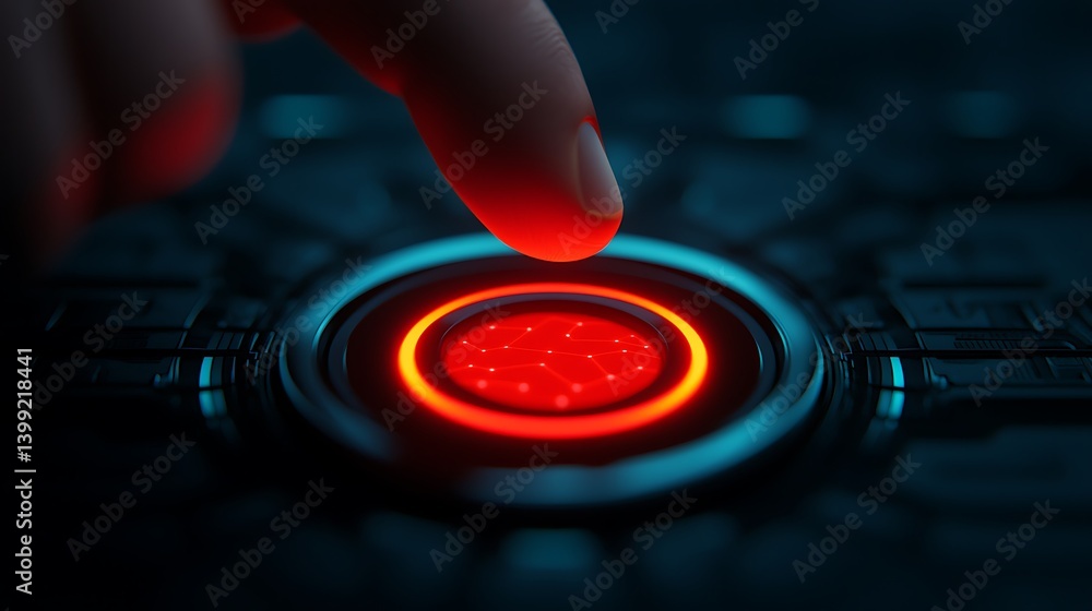 Poster finger activating glowing red button, technology interface, artificial intelligence, data connection
