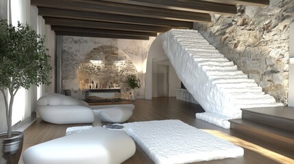 Home interior with wall cutaway revealing foam insulation and airflow pathways