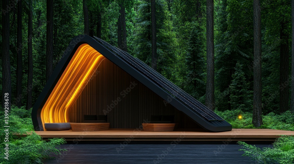 Poster modern architectural structure in the forest with a unique triangular design illuminated by warm lig