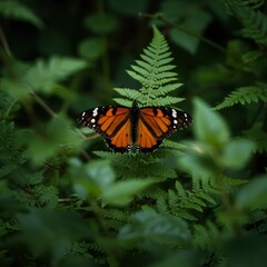Orange butterfly on fern with green foliage.