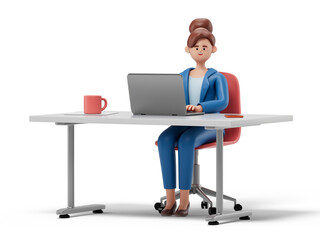 woman working on laptop, symbolizing productivity, focus, or office work. 3D rendering, conceptual image. Isolated on white background.