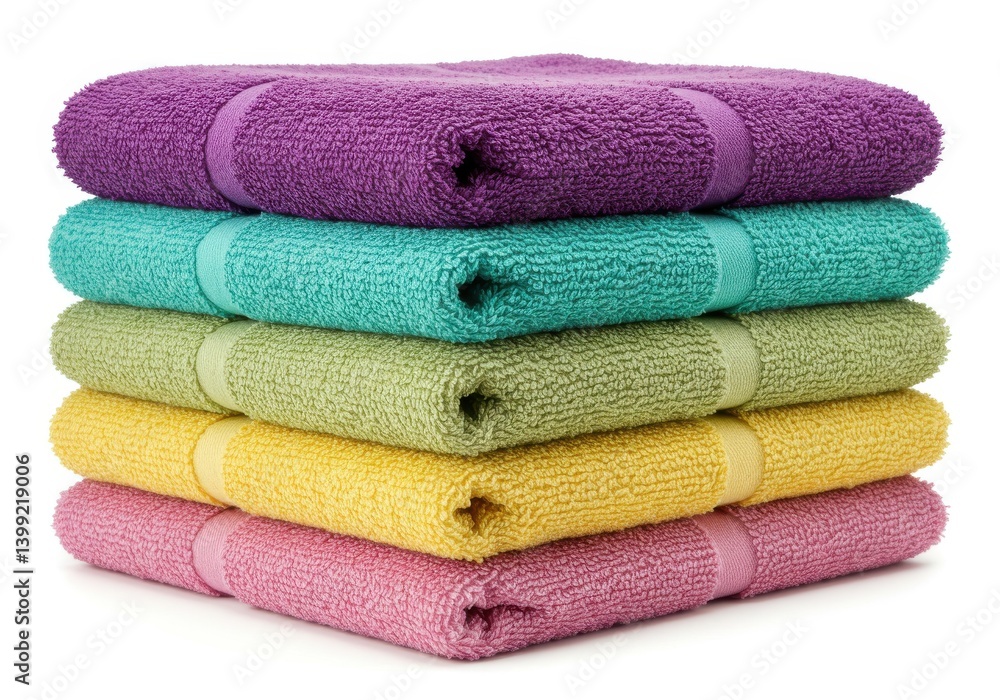 Poster stack of five colorful towels folded neatly and aligned on a white surface in a studio shot