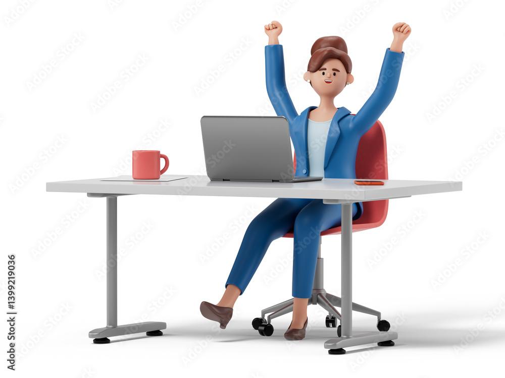 Poster woman at desk with raised fists, symbolizing success or completion of work tasks. 3d rendering, conc