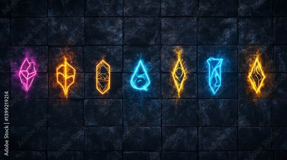 Poster a vivid array of glowing elemental crystals set against a textured stone backdrop, emanating colors 