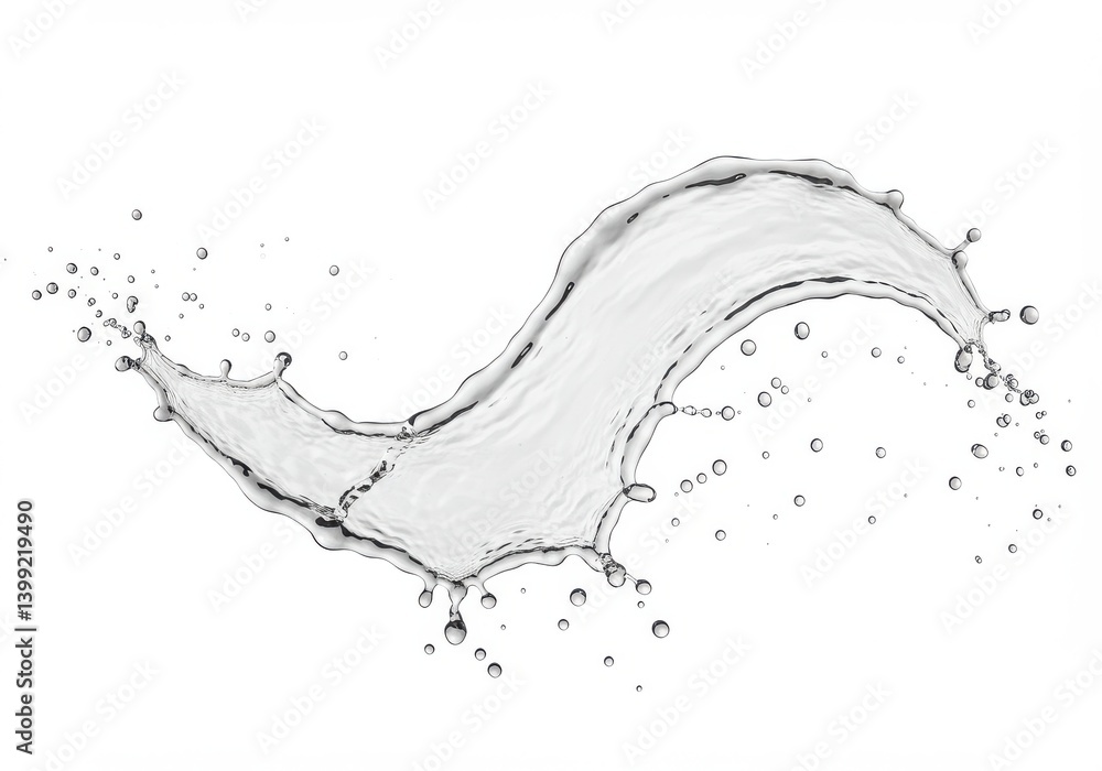 Poster isolated clear water splash with droplets on a white background in a dynamic wave shape form