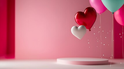 Heart-shaped balloons float above a pedestal. Sparkling confetti adds to the festive mood