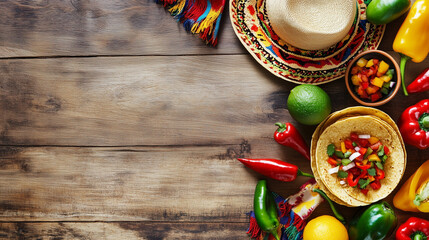 Traditional Mexican Food Ingredients with Tacos and Colorful Vegetables on Rustic Wooden Table for Fiesta or Cinco de Mayo

