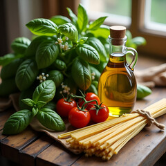 High-end flat lay of fresh ingredients: basil, tomatoes, olive oil, pasta on rustic wooden table, natural light, Italian cooking theme, no humans, photorealistic, editorial style