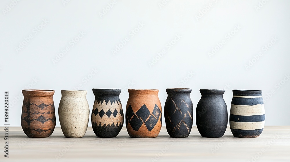 Poster close-up view of handcrafted ceramic vases showcasing intricate designs and textures arranged in a r