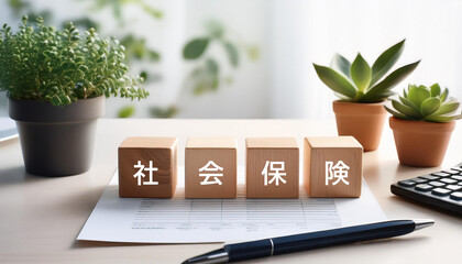 日本語で社会保険の文字が入ったキューブブロックと観葉植物。AIで生成