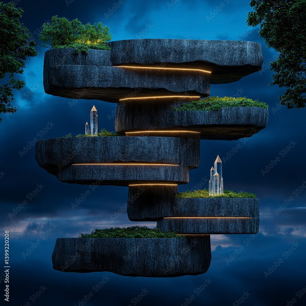 Poster a surreal floating landscape featuring layered stone platforms adorned with greenery and illuminated