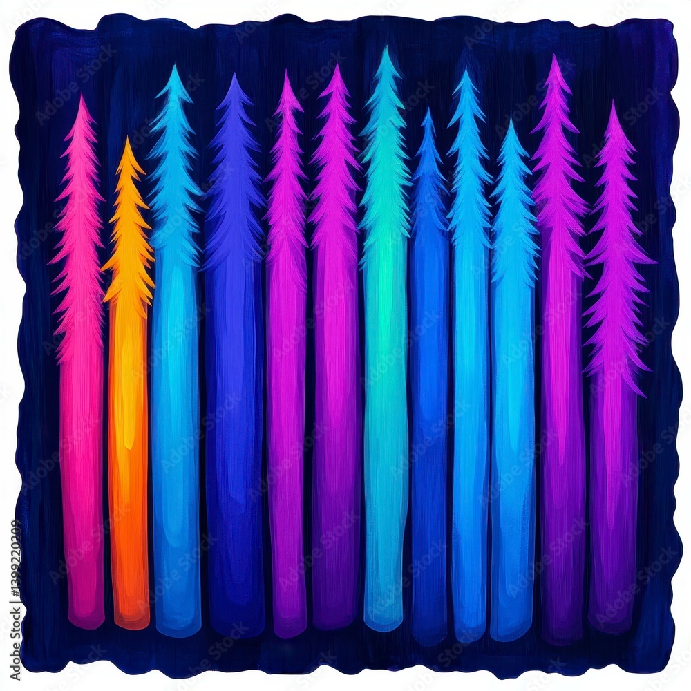 Poster a mesmerizing forest of colorful trees in vivid hues, creating an artistic representation of nature'