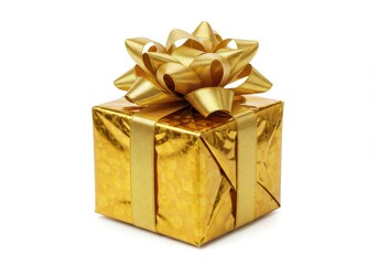 A shiny gold gift box with matching ribbon and bow on a white background for a special occasion