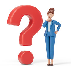 woman with hand on chin by a question mark, symbolizing critical thinking or problem-solving. 3D rendering, conceptual image. Isolated on white background.