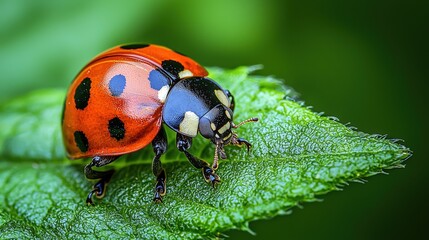 Fototapeta premium A vibrant ladybug walking across the edge of a green grass blade in a macro view. The detailed and high - resolution shot captures the beauty of nature, showing the small yet fascinating insect.
