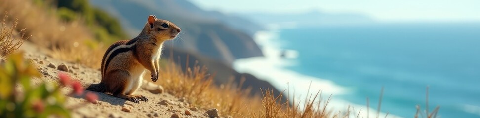 Obraz premium California ground squirrel alert on coastal bluff overlooking ocean , outdoor, animal photography, pacific ocean